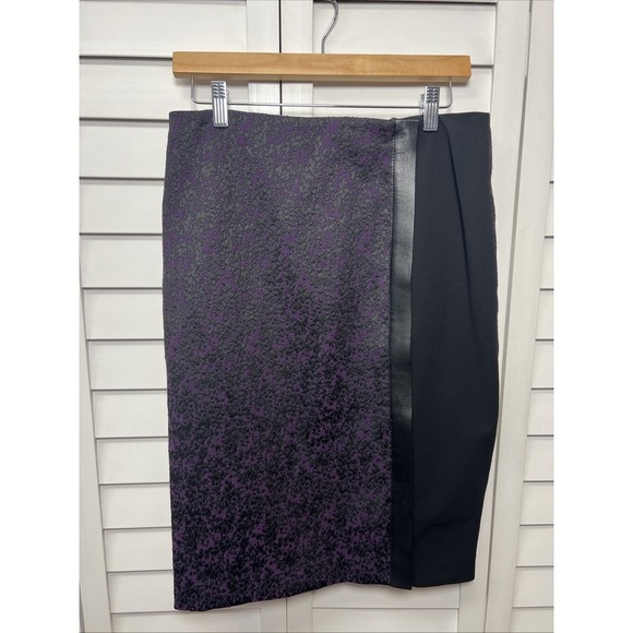 Lafayette 148 New York Jacquard Leather Trim Zip Stretch Pencil Skirt Size 8 - Picture 1 of 11